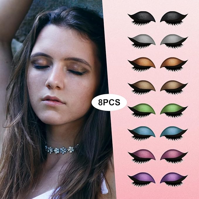 Lazy Eye shadow Eyelash Patch, 8 Pairs Reusable 2-in-1 Eye Makeup Stickers with False Lashes & Shadow, Natural Waterproof Colorful Eyeshadow Eyelash Patch for All Eye Shapes