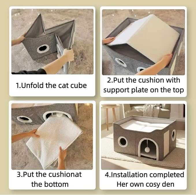 Eolahalcy Cat Beds for Indoor Cats - Large Cat Cave for Pet Cat House with Fluffy Ball Hanging and Scratch Pad, Foldable Cat Houses for Large Indoor Cats,Cat Hideaway, 23.8x15.9x13.2 inches, Grey