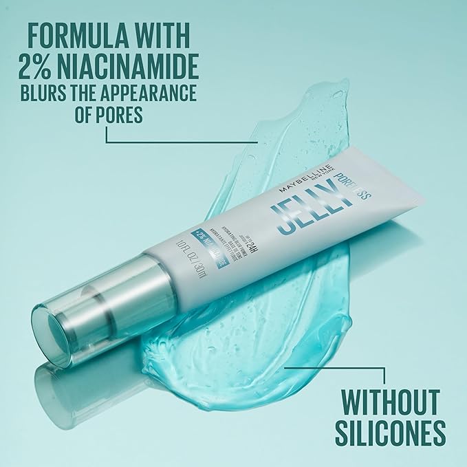 Maybelline Poreless Jelly Primer, Hydrating, Blurring Makeup Primer with 2% Niacinamide For Up To 24HR Make Up Wear, Clear, 1 Count