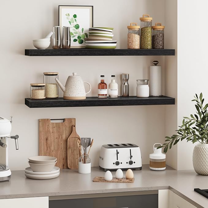 Fixwal Floating Wall Shelves for Decor (Black, Set of 2, 35.4Inch) | MDF Shelf with Metal Brackets, Space Saving for Books , Decor, Fits Bathroom, Kitchen, Bedroom, or Office