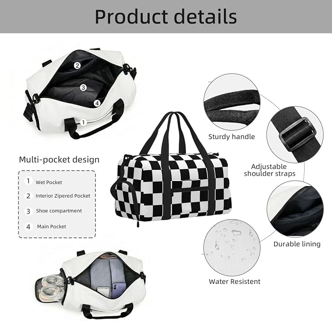 Fiokroo Sports Gym Bag Black And White Checkered Travel Duffel Bag For Men Women With Shoe Compartment Water Resistant Gym Bag Carry On Duffel Bag For Weekend Traveling Yoga Gym Sports