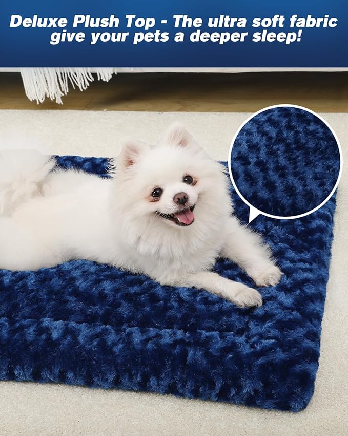 Exsnugy Washable Dog Bed Mat Medium Size Fluffy Pet Crate Pad 30x19 | Non-Slip Bottom Kennel Beds Ultra Soft Comfy Sleeping Mattress for Large Medium Small Dogs Blue