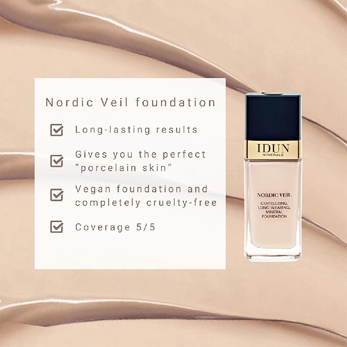 IDUN Minerals Nordic Veil Foundation - Full and Poreless Coverage, Long Lasting, Soft Matte Finish - Purified and Safe for Sensitive Skin - 307 Disa - Light Medium Neutral - 0.88 oz