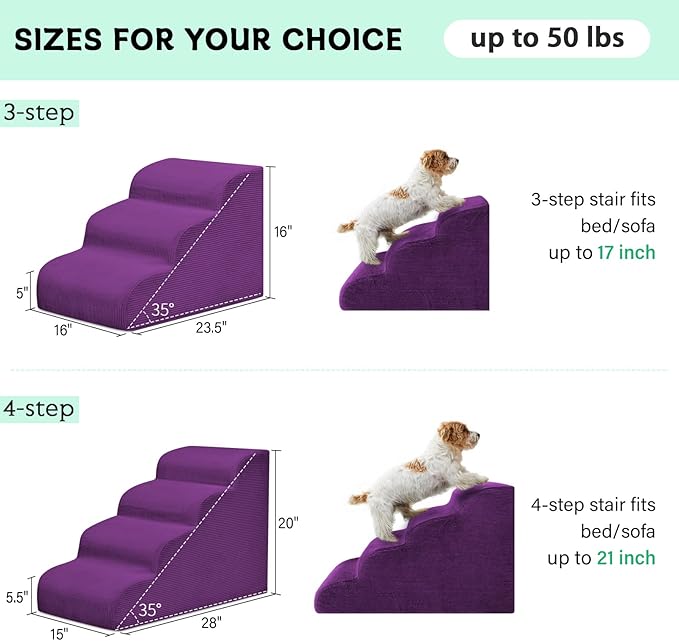 Mesa Lemon 4 Step Dog Stairs Pet Ramp for High Beds, Sofas and Cars | High Density Foam, Non-Slip Bottom, Removable Washable Cover, Portable Handle, Holds Up to 50 lbs, 20 Inch Height