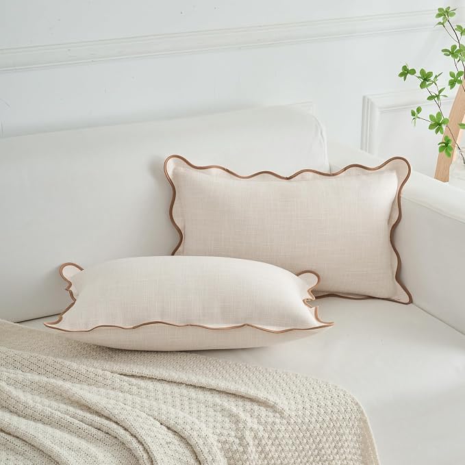 Scalloped Pillow Covers Set of 2 for Living Room | Spring Decorative Sofa Couch Lumbar Pillows | Boho Sytle Decorative Home | Aesthetic Funky Preppy Pillow Cases (Beige & Brown, 12x20 Inch)