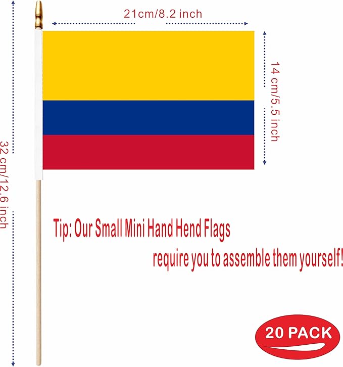 20 Pack Colombia Mini Stick Flags Colombian Small Miniature Handheld Flag Decorations,5x8 Inch