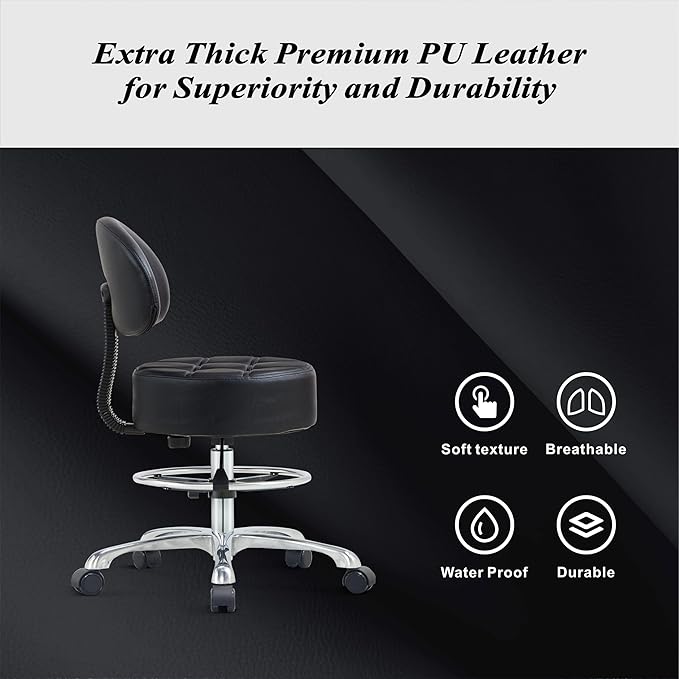 Height Adjustable Rolling Shop Stool with Back Support - Kitchen Stool with Wheels Heavy Duty for Salon, Spa, Massage, Tattoo, Esthetician - Extra Thick for Extreme Comfort