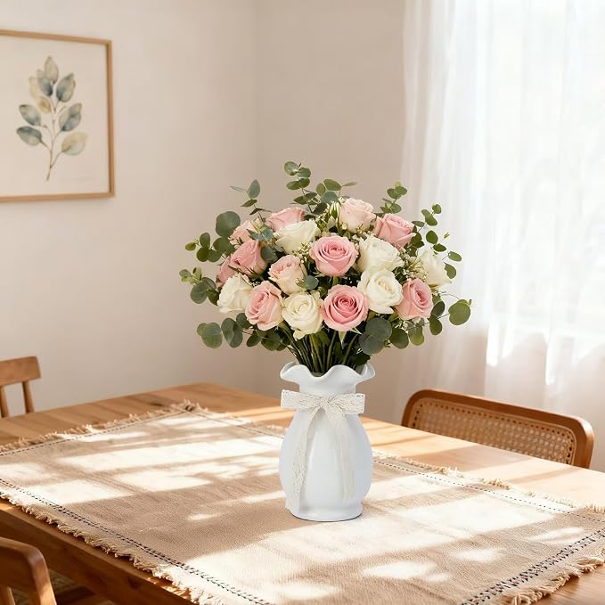 White Ceramic Flower Vase, Minimalist Decor, Modern Home Decorative Vase, Rural Farmhouses Vase for Bathroom, Dining Room, Bedroom, Living Room, Desktop Center Decoration