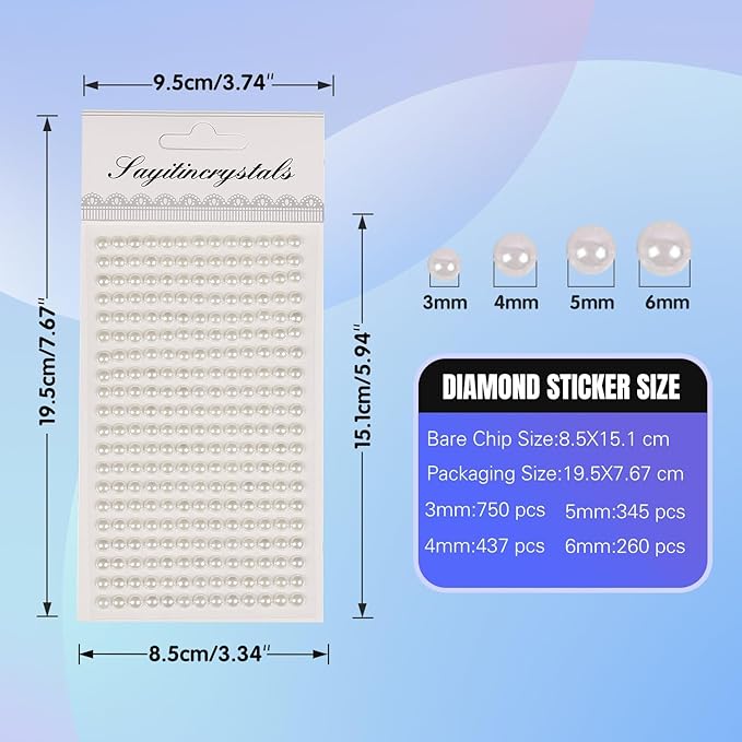 8 Sheets Rhinestone Stickers，3584 Pcs Gem Stickers for DIY Face Eyes Makeup Hair（Bead Pearl-3/4/5/6mm）
