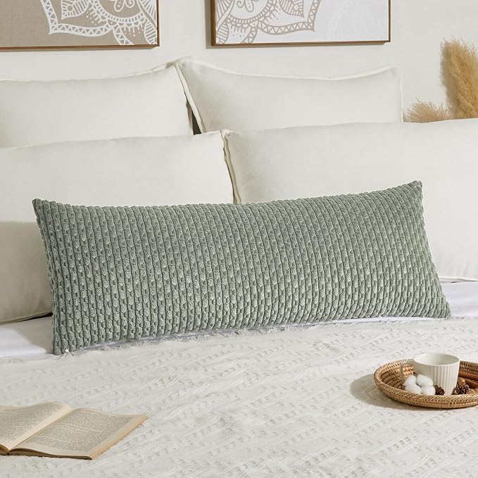 Kevin Textile Soft Corduroy 20"x54" Body Pillow Cover 1 Pack, Grey Green | Boho Stripe Plush Corduroy Decorative Oblong Cushion Cover Modern Farmhouse Home Decor for Sofa Couch Bed Chair