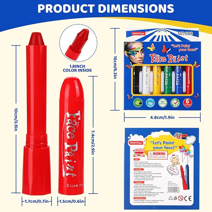 Face Paint Sticks, Washable Face Paint Crayons, Safety Face Painting Kit for Party Sport Events Birthday, Body Paint Makeup Festivals Cosplay (6 Classic Color)