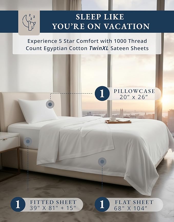 LANE LINEN 100% Egyptian Cotton Extra Long Twin Sheets - 1000 Thread Count, Soft & Comfy No Pill Fade Resistant Twin XL Sheet Sets Perfect for Hospital Beds and Dorm Room, 15" Deep Pocket - White