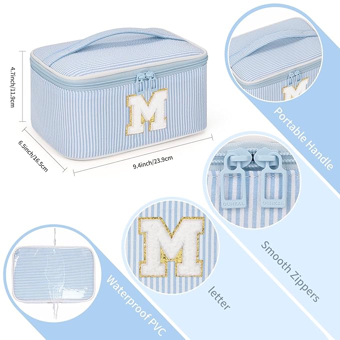 OCHEAL Makeup Bag Valentines Day Gifts for Women, Monogram Cosmetic Bag Blue Travel Makeup Case Beauty Toiletry Bag Organizer Personalized Gifts for Girls Bridesmaid, Sister, Wife, Friends Initial M