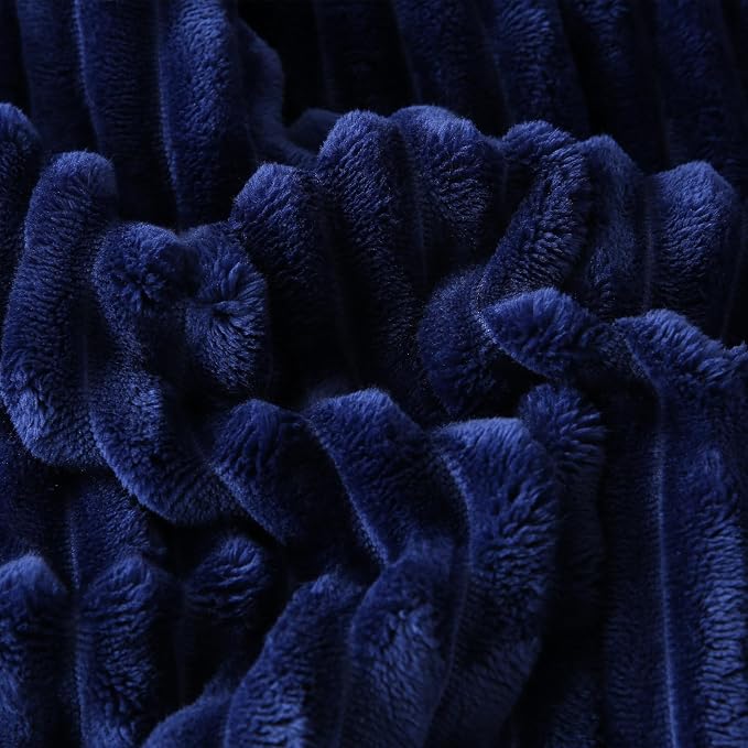 Navy Blue Sherpa Fleece Throw Blanket 90”×90”for Couch Sofa Bed | Double Side Soft Fuzzy Cozy Plush Thick Flannel Blanket with Striped Design Gift for Adults,Woman