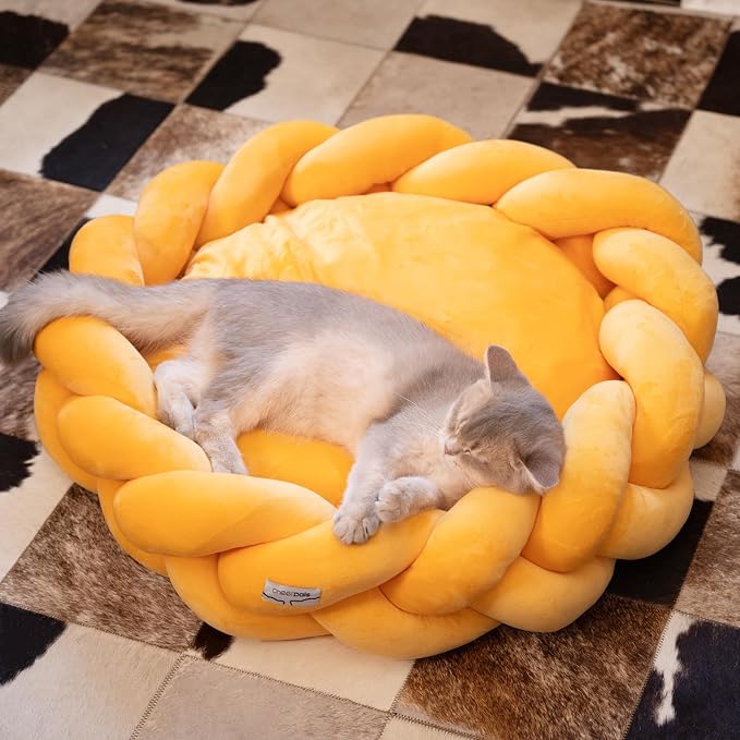 CHEERPALS Weave Cat Bed for Indoor Cats,Cute Pet Bed with Washable Cushion Fluffy Kitty Bed for Small Dog(Eggshell Yellow)