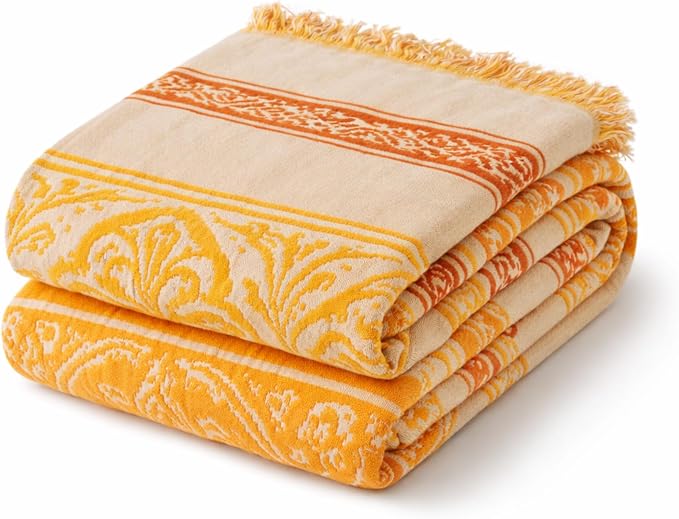 100% Cotton Boho Throw Blanket for Home Decor – Classic Farmhouse Quilt Bedding, Muslin Blankets for Adults, Vintage Woven Decorative Blanket for Couch, Bed Layering Use, Bohemian Stripe, 90"x90"