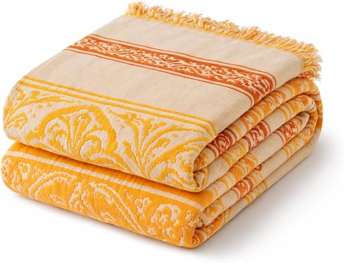 100% Cotton Boho Throw Blanket for Home Decor – Classic Farmhouse Quilt Bedding, Muslin Blankets for Adults, Vintage Woven Decorative Blanket for Couch, Bed Layering Use, Bohemian Stripe, 60"x80"