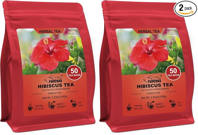 FullChea - Hibiscus Tea Bags, 50 Teabags, 2g/bag - Premium Hibiscus Flower Tea Bag - Cultivated From Nigeria - Non-GMO - Caffeine-free - Rich in Antioxidants & Support Digestion (Pack of 2)