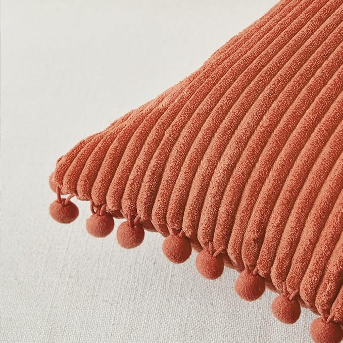 Fancy Homi 2 Pack Burnt Orange Lumbar Decorative Throw Pillow Covers 12x20 Inch with Pom-poms for Couch Bedroom Sofa, Soft Corduroy Rectangle Cushion Case 30x50 cm, Farmhouse Boho Fall Home Decor