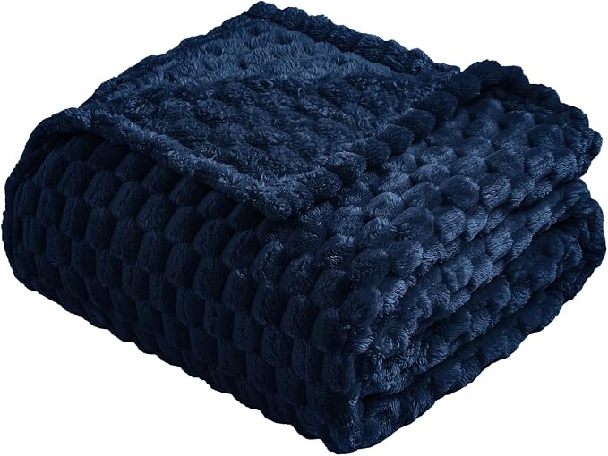 Vessia Flannel Fleece Throw Blanket(50x70 inch), 3D Jacquard Navy Blue Fuzzy and Warm Blanket for Couch, Sofa, Bed, Chair, 300GSM Super Soft Touch Cozy Lightweight Throw for All-Season Home Decor