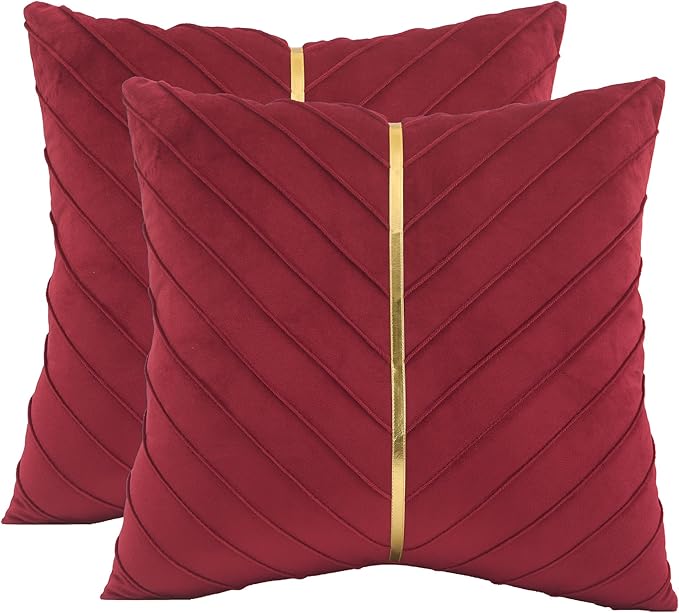 Velvet Throw Pillow Covers 18x18 inch Pack of 2 Gold Decor Red | Soft Solid Pillow Covers,Modern Luxury Xmas Decor,for Couch Chair Sofa Bedroom Livingroom,Hidden Zipper,Ideal Gift,Easy Care