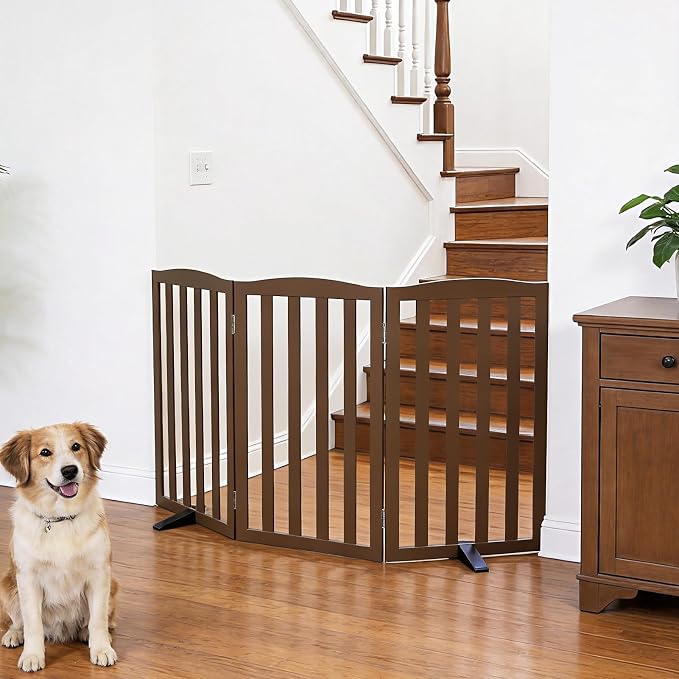 ZJSF Foldable Freestanding Indoor Dog Gate for House Wood Long Pet Gates Dog Fence for Stairs Puppy Gates for Hallways, Puppy Gate,Support Feet Included, Brown, 32 "Height-3 Panels