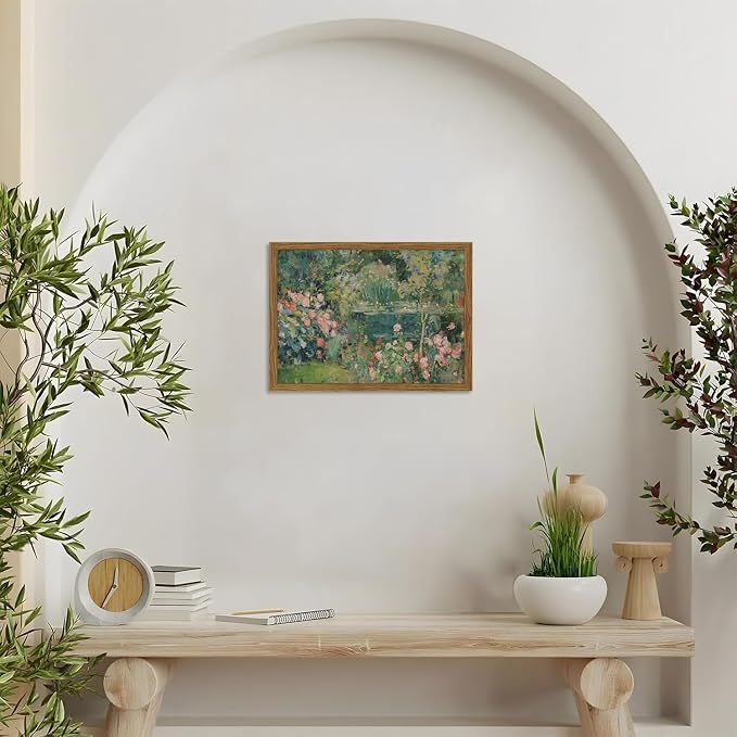 Framed Vintage Floral Landscape Canvas Wall Art, Rose Garden Pond Wall Decor Paintings, Rustic Cottagecore Nature Plant Pictures Prints Aesthetic Home Decor for Living Room Bedroom Bathroom 16x24 inch
