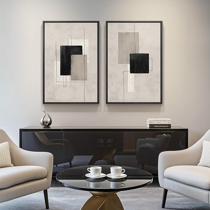 Large Framed Neutral Black Beige Abstract Wall Art Set of 2, Modern Canvas Prints Paintings Artwork for Walls, Minimalist Block Lines Pictures for Living Room Dining Room Bedroom Wall Decor 20x30 In