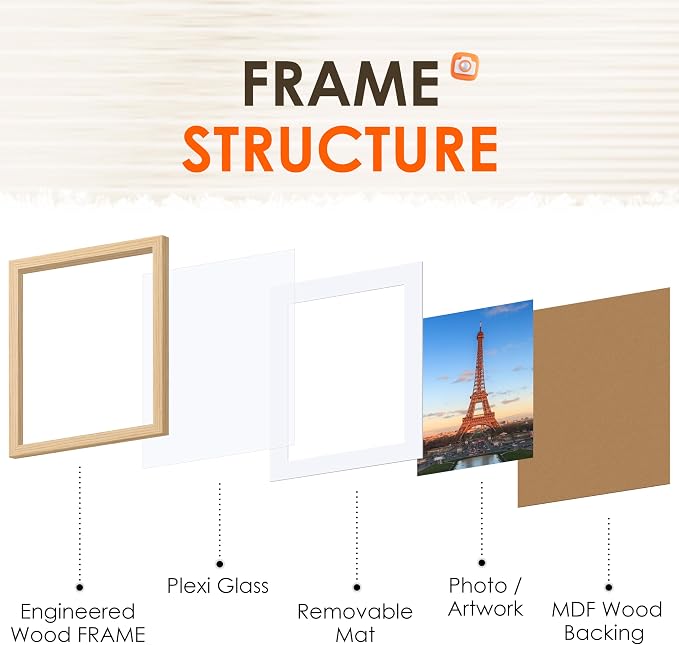8x10 Picture Frame Bulk-6 Pack, Photo Frame with HD Plexiglass, Display Pictures 5x7 with Mat or 8x10 Without Mat, Natural Picture Frames Collage Wall Decor, Wall & Tabletop Picture Frames