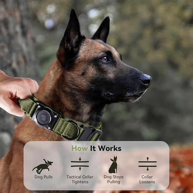 2026 Upgrade Waterproof Tactical AirTag Dog Collar, Built in AirTag Holder | Comfortable Control Handle, Quick Release Metal Buckle, Durable 1000D Nylon, For Medium to Large Dogs, Army Green, XL