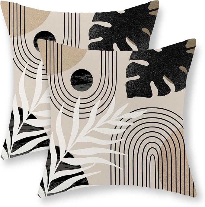 Boho Black Pillow Covers 18x18 Inch Set of 2 Black BeigeTropical Leaf Decor Mid Century Throw Pillows Outdoor Bohemian Modern Decorative Pillowcase Farmhouse Linen Cushion Case for Couch Sofa