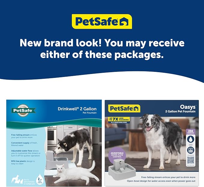 PetSafe Oasys Pet Fountain, 2 Gallon (256 oz), Cats, Dogs & Multi-Pet Homes | Adjustable Water Flow, Whisker-Friendly Tray, Dishwasher-Safe, Replaceable Carbon & Foam Filters Included