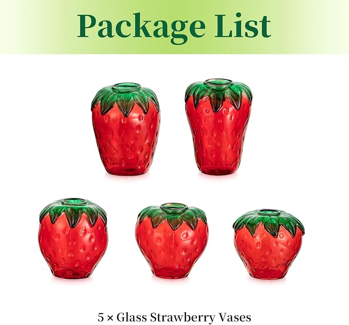 Hewory Cute Glass Strawberry Vases: 5PCS Propagation Vases for Plants | Red Strawberry Decor for Kitchen, Windowsill, Shelves, Gifts for Women, Mother, Novelty Indoor Hydroponic Flower Planter Pot