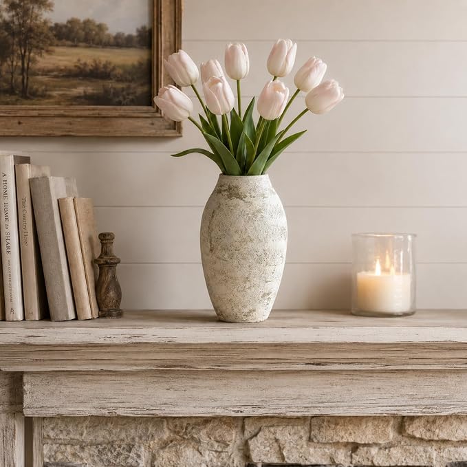 Cream Ceramic Flower Vase Speckled Bubble Glaze Home Decor | 7.08 Inch Rustic Table Vase, Decorative Ornament for Living Room,Office,Wedding,Birthday