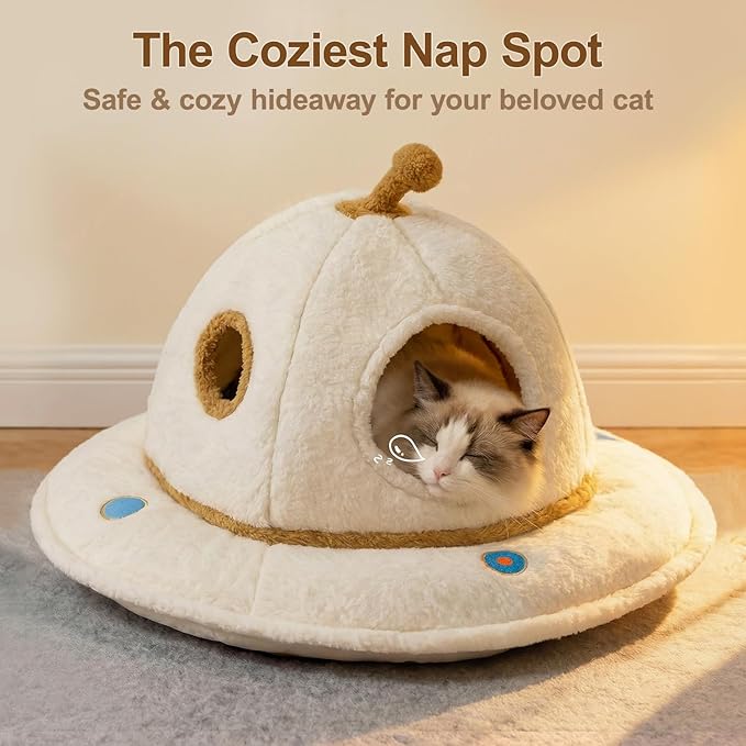 Cat House for Indoor Cats - 2 in 1 UFO Large Cat Bed Cave | Soft Sherpa Fabric, Calming Cozy Hideaway, Removable & Washable Cushion, Spacious for Multi-Cat Families (Up to 25 Lbs)