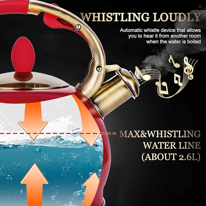 SUSTEAS Stove Top Whistling Tea Kettle - Food Grade Stainless Steel Teakettle Teapot with Cool Touch Ergonomic Handle, With 1 Silicone Pinch Mitt Included, 2.64 Quart(RED)