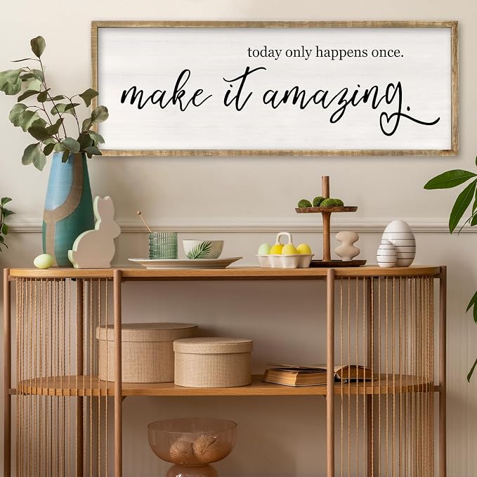 RLWangChao Today Only Happens Once Make It Amazing Wall Art 32"X12" Wood | Large Inspirational Quote Sign Rustic Living Room, Vintage Wood Frame, Office Motivational Home Wall Hanging Decor