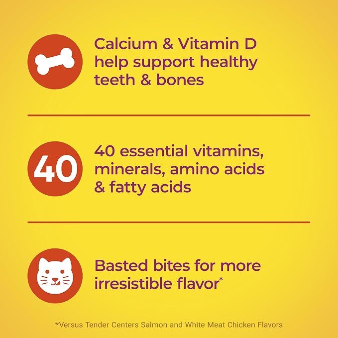 Meow Mix Tender Centers, Dry Cat Food, Chicken & Tuna Flavors, 4 Bags | 3-lb bags, two texture kibble, meaty center surrounded by a crunchy outer layer, basted bites for irresistible flavor