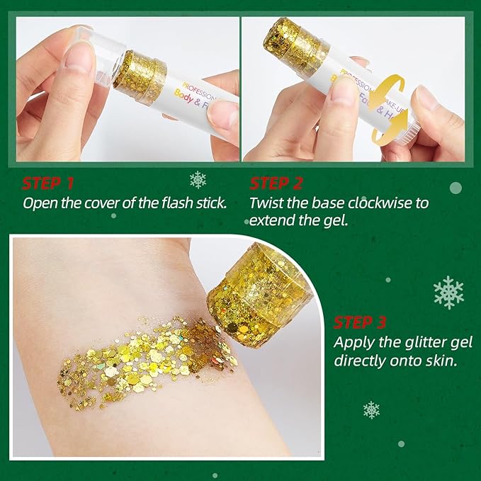 Gold Body Glitter Stick,Sparkling Neon Outfit Party Holographic Sequins Paint Mardi Gras Accessories Face and Body Glitter Gel Makeup.