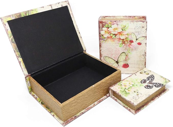 Jolitac Decorative Book Boxes World Map Pattern Antique Book Invisible box with Magnetic cover, Faux Wood Set of 3 Storage Set (Butterfly)