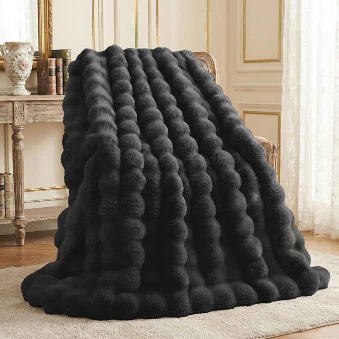 L'AGRATY Faux Rabbit Fur Throw Blanket for Couch, 50'' x 60'', Black | Soft Cozy Bubble Fluffy Blanket for Sofa Bed, Thick Warm Plush Fuzzy Throw for Room Home Decor, Luxury Gift for Women Mom