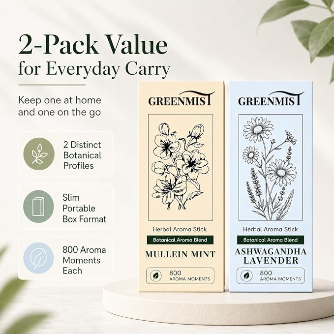 GREENMIST Scent Sticks 2 Pack, Yellow and Blue Aroma Pens, Mullein Mint Thyme Scent and Ashwagandha Lavender Chamomile Scent, Pocket Size Fragrance Sticks for Home Office Car Travel