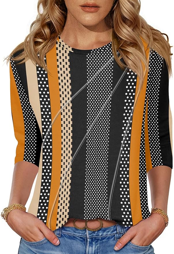LOMON 3/4 Length Sleeve Womens Tops Spring Summer Fashion 2026 Tops Crew Neck Pleated Shirts Tunic Top Loose Fit