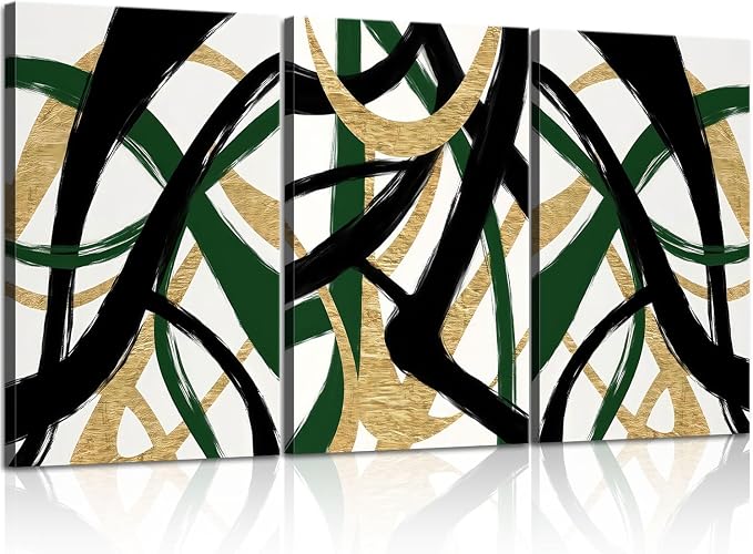 3 Pcs Framed work Abstract Lines Canvas Wall Art Modern Black, Green, Gold Geometric Brushwork Prints Posters Abstract Line Images Framed gallery packaging artwork for living room prints bedroom office and home decor 16X24Inch