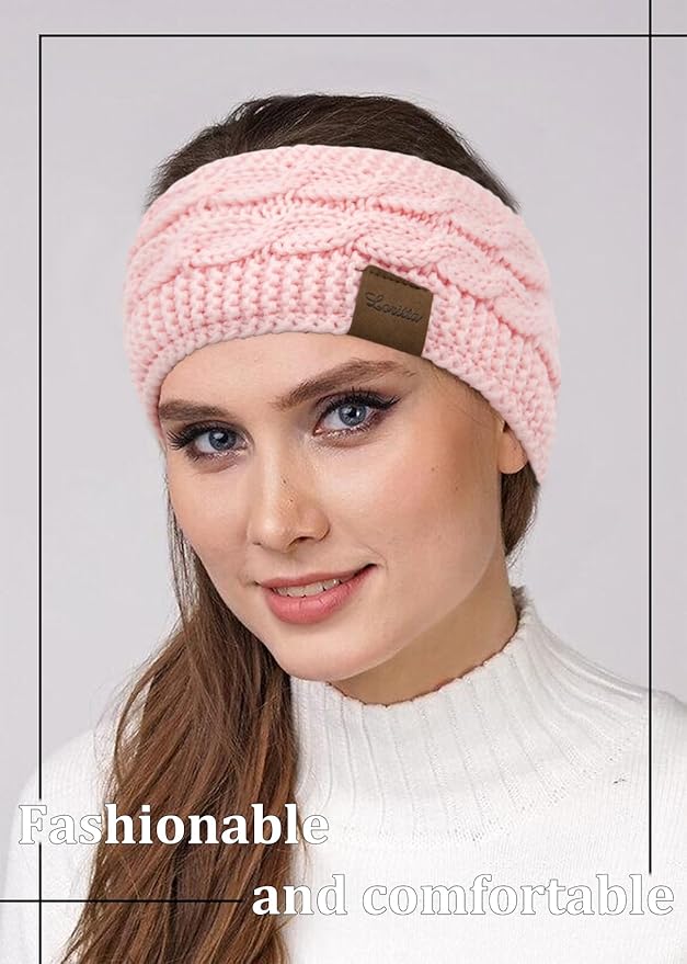Loritta 2 Pack Headbands for Women Winter Warm Cable Knit Ear Warmer Thick Head Wrap Fuzzy Fleece Lined Gifts