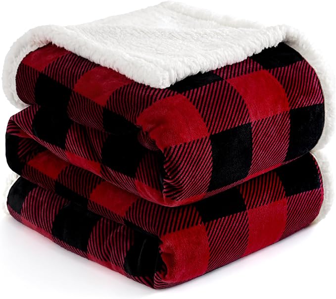PU MEI Sherpa Fleece Throw Blanket 80" x 90" Reversible Plush Fluffy Large Big Blanket Lattice Flannel Blankets for All Season Use, Red and Black