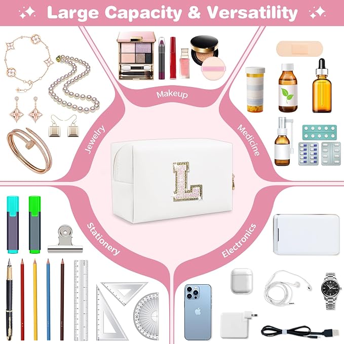 Small Initial Patch Makeup Bag Personalized Gifts Make Up Bag,White Cute PU Leather Glitter Letter Cosmetic Bag with Zipper,Trendy Portable Travel Toiletry Pouch,Preppy Stuff for Teen Girls Women L