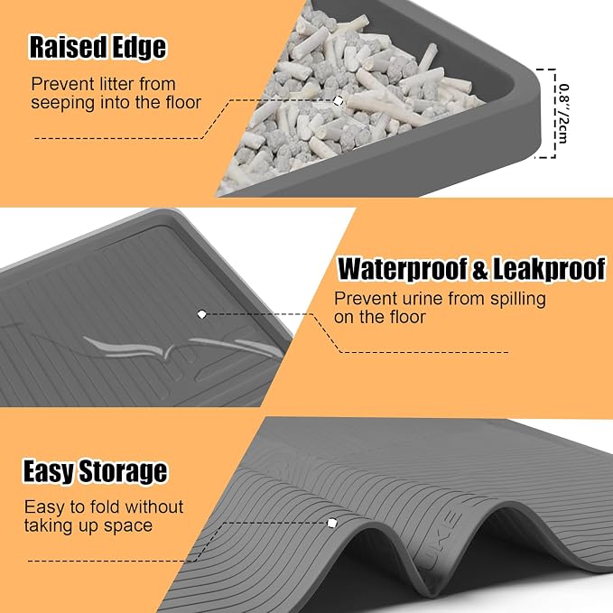 Silicone Cat Litter Mat 50" x 36" Cat Mat for Litter Box, Dark Grey | Extra Large Cat Litter Trapping Mat for Floor, Waterproof, Non-Slip Kitty Litter Box Mat with Raised Edge, Easy to Clean