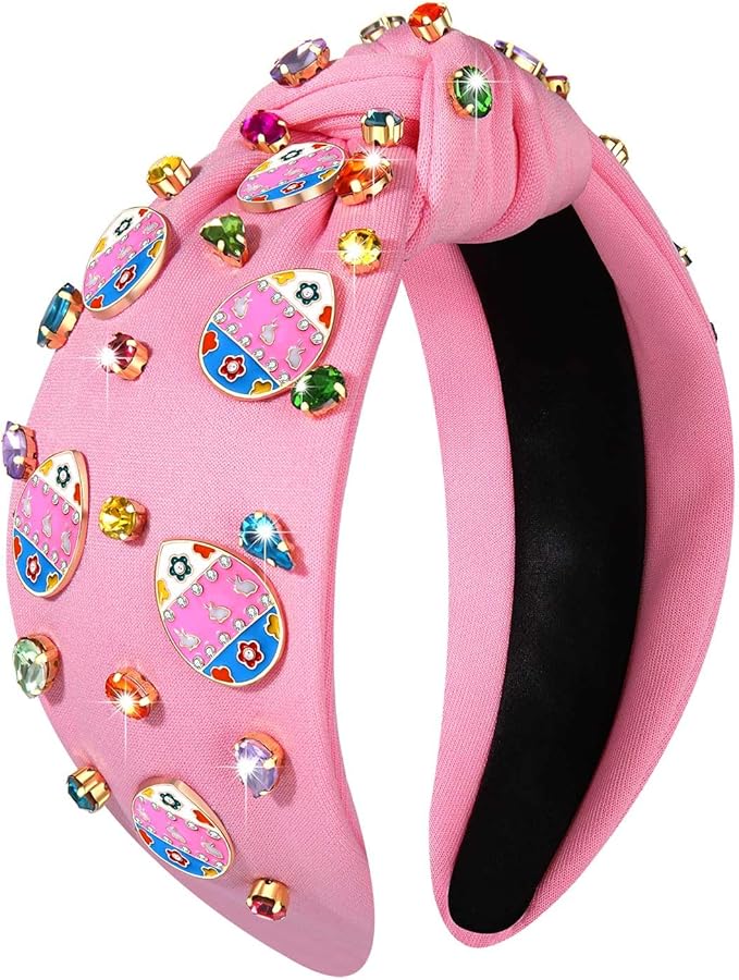 mokkia Easter Headbands Beaded Rabbit Bunny Headband for Women Pink Spring Knotted Headband Easter Hair Accessories Gifts