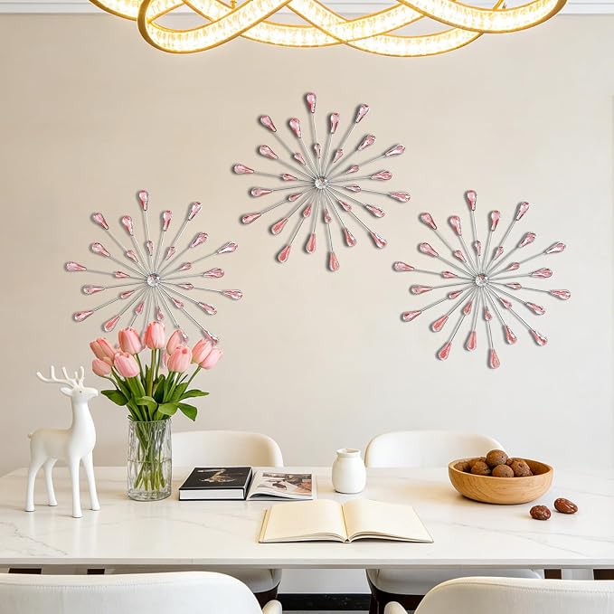 ZEXUIRU 3 Set Silver Starburst Wall Art for Home Decor Metal Bling Crystal Rhinestones Sunburst Wall Decor Sparkling Rhinestone Art Accent Silver - 13in